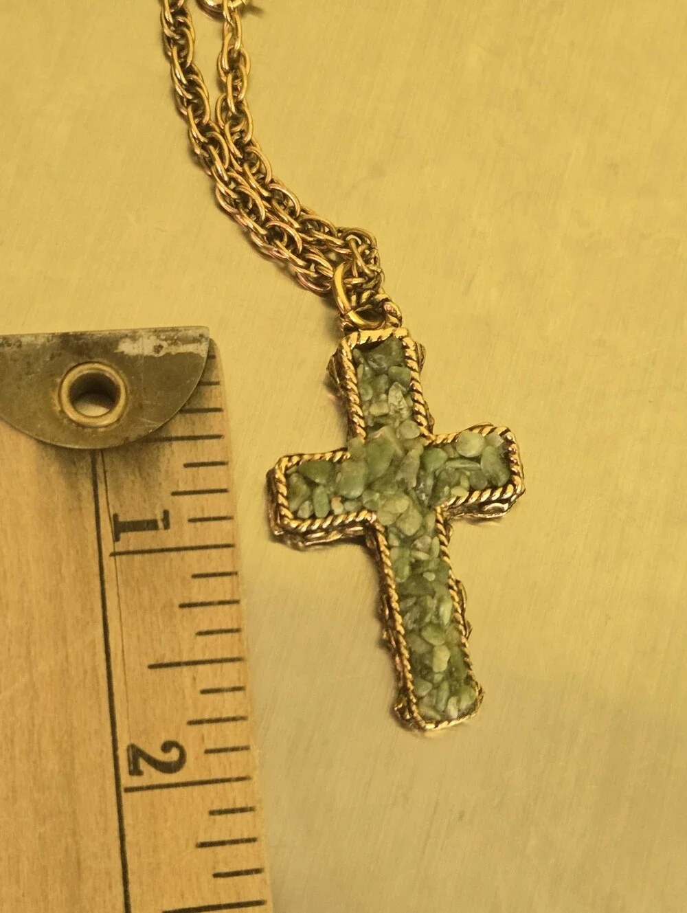Vintage Green Jade Stone Gold Tone Rope Trim Cross Pendant With Necklace‎